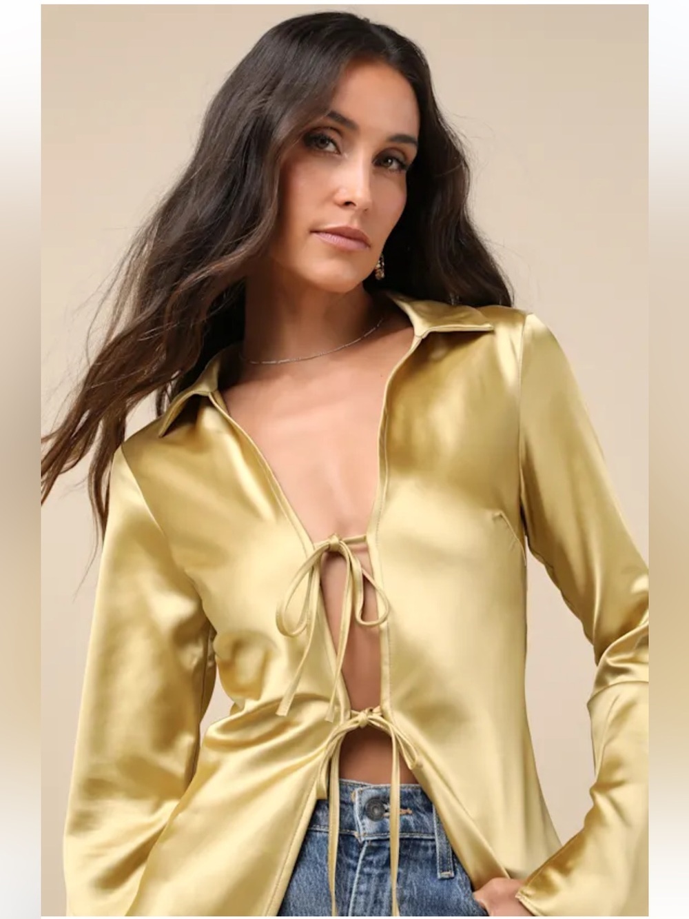 NWT Lulus Coveted Aesthetic Gold Tie-Front Long Sleeve Collared Top - Picture 6 of 9